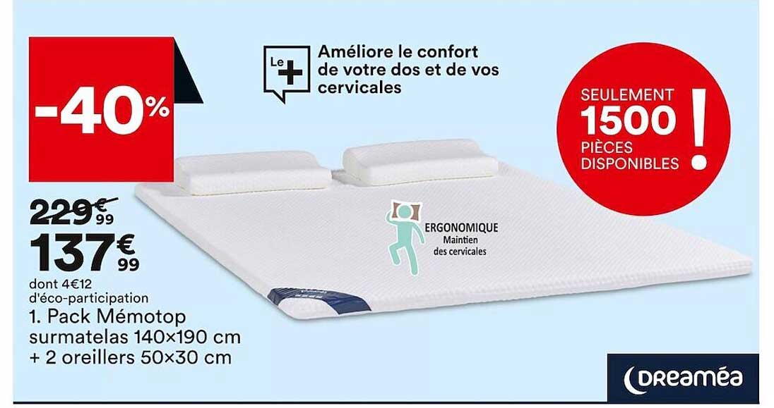 Pack Mémotop Surmatelas 140 X 190 Cm + 2 Oreillers 50 X 30 Cm Dreaméa