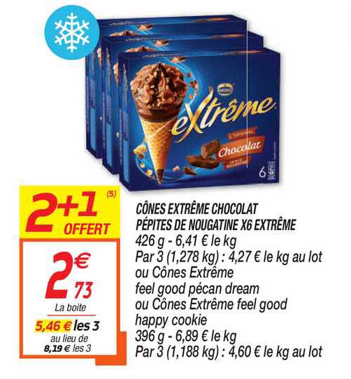 Cônes Extrême Chocolat Pépites De Nougatine X6 Extrême 2+1 Offert