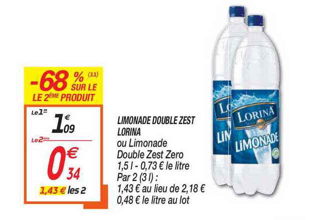 Limonade Double Zest Lorina -68% Sur Le 2ème Produit