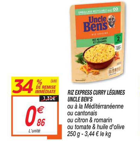 riz express curry légumes uncle ben's 34% de remise immédiate