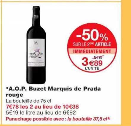 a.o.p. buzet marquis de prada rouge -50% sur le 2ème article immédiatement