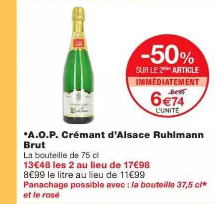 a.o.p. crémant d'alsace rhulmann brut -50% sur le 2ème article immédiatement