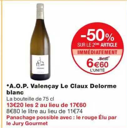 a.o.p. valençay le chaux delorme blanc -50% sur le 2ème article immédiatement