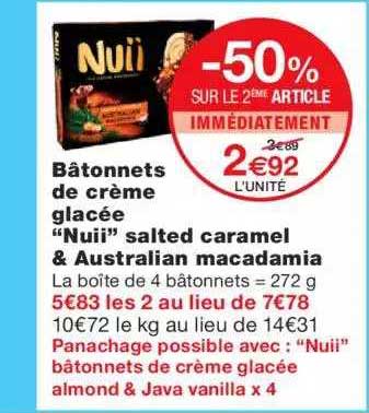 bâtonnets de crème glacée "nuii" salted caramel & australian macadamia -50% sur le 2ème article immédiatement