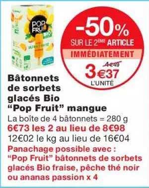 bâtonnets de sorbets glacés bio "pop fruit" mangue -50% sur le 2ème article immédiatement
