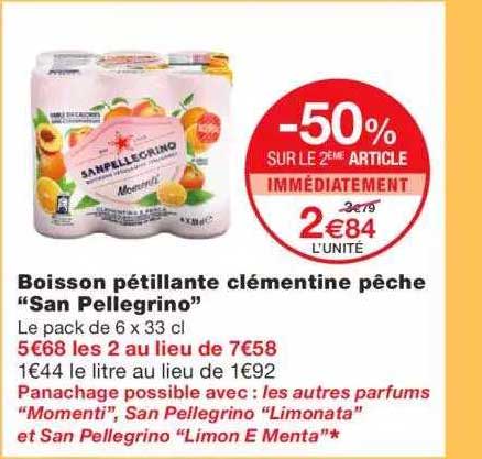 boisson pétillante clémentine pêche "san pellegrino" -50% sur le 2ème article immédiatement