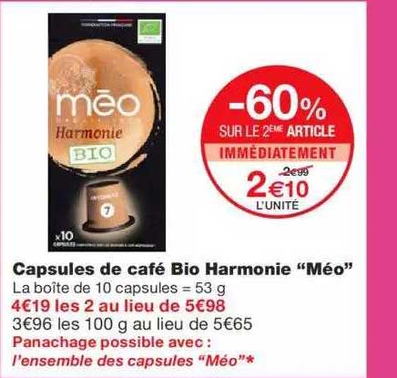 Capsules De Café Bio Harmonie "méo" -60% Sur Le 2ème Article Immédiatement