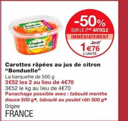 carottes râpées au jus de citron "bonduelle" -50% sur le 2ème article immédiatement