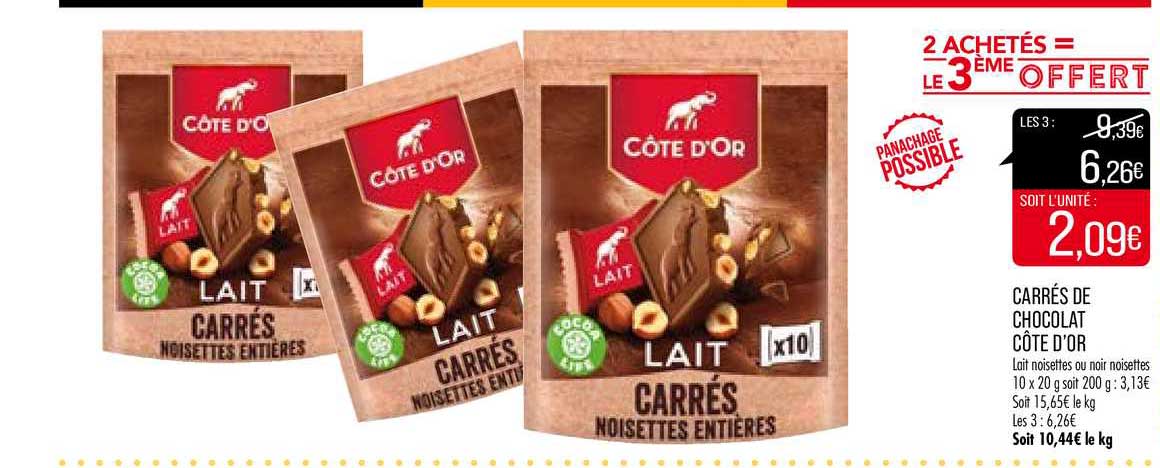 carrés de chocolat côte d'or 2 achetés = le 3ème offert