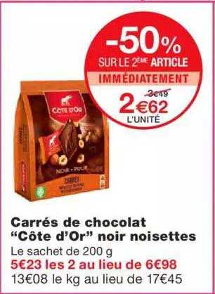 Carrés De Chocolate "côte D'or" Noir Noisettes -50% Sur Le 2ème Article Immédiatement