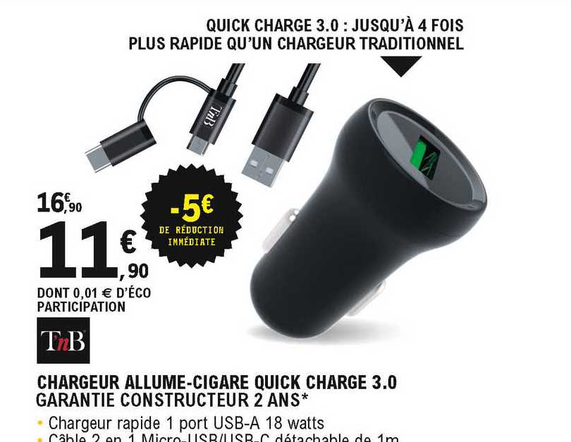 chargeur allume-cigare quick charge 3.0 tnb