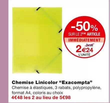 chemise linicolor "exacompta" -50% sur le 2ème article immédiatement