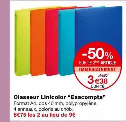 classeur linicolor "exacompta" -50% sur le 2ème article immédiatement