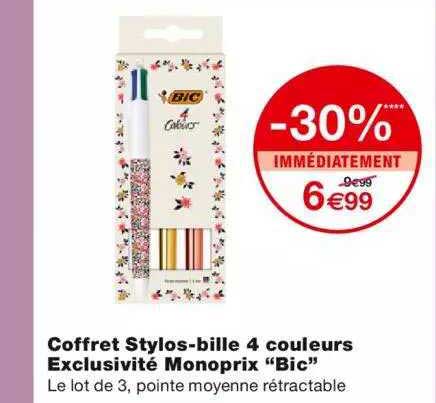 coffret stylos-bille 4 couleurs exclusivité monoprix "bic" -30% immédiatement