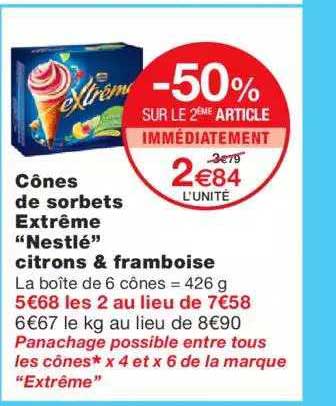 cônes de sorbets extrême "nestlé" citrons & framboise -50% sur le 2ème article immédiatement