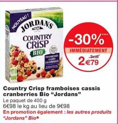 country crisp framboises cassis cranberries bio "jordans" -30% immédiatement