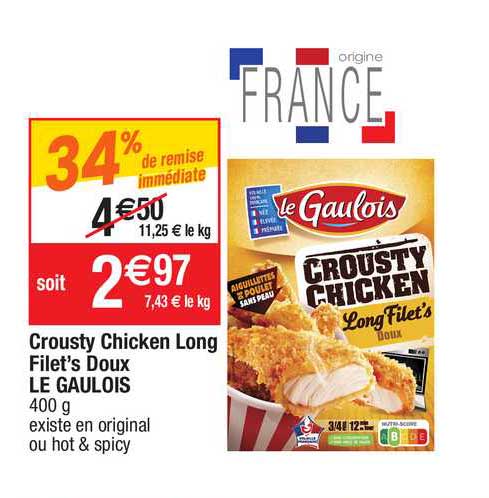 crousty chicken long filet's doux le gaulois