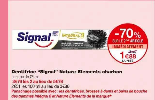 dentifrice "signal" nature elements charbon -70% sur le 2ème article immédiatement