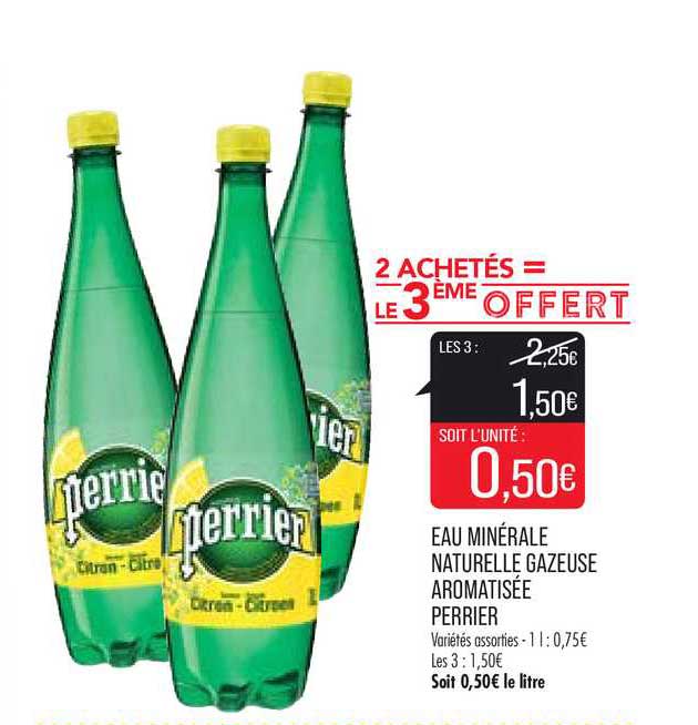 eau minérale naturelle gazeuse aromatisée perrier 2 achetés = le 3ème offert