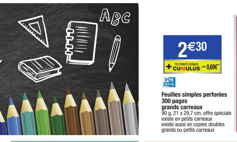 feuilles simples perforées 300 pages grands carreaux oxford