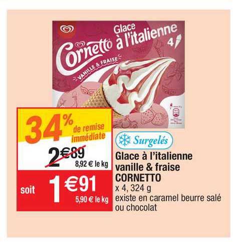glace à l'italienne vanille & fraise cornetto