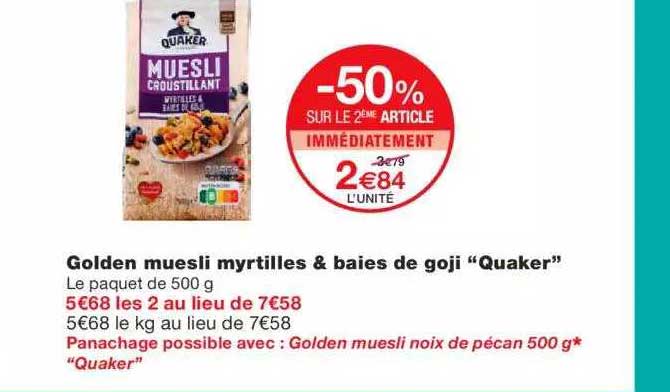 golden muesli myrtilles & baies de goji "quaker" -50% sur le 2ème article immédiatement