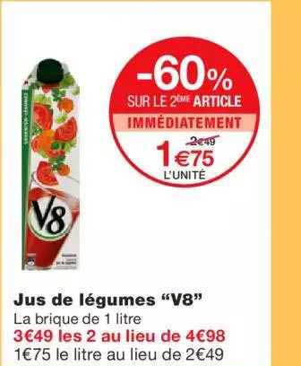 jus de légumes "v8" -60% sur le 2ème article immédiatement