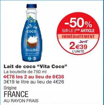 lait de coco "vita coco" -50% sur le 2ème article immédiatement