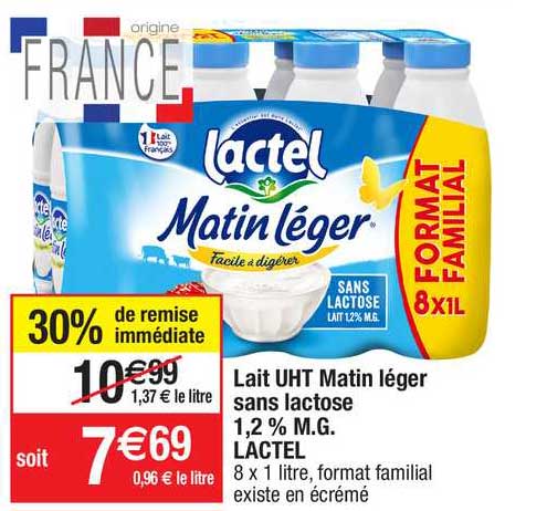 lait uht matin léger sans lactose 1,2% m.g. lactel