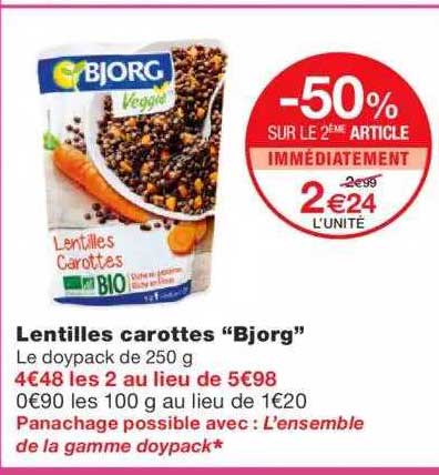 lentilles carottes "bjorg" -50% sur le 2ème article immédiatement