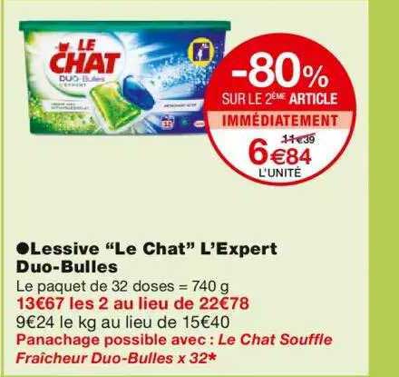 lessive "le chat" l'expert duo-bulles -80% sur le 2ème article immédiatement
