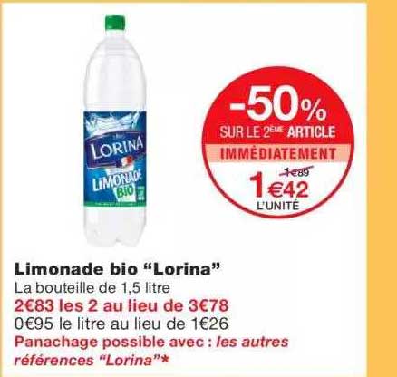 limonade bio "lorina" -50% sur le 2ème article immédiatement