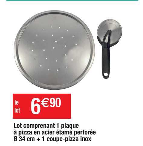 lot comprenant 1 plaque à pizza en acier étamé perforée 34 cm + 1 coupe-pizza inox