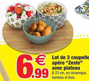 lot de 3 coupelle apéro "zeste" avec plateau