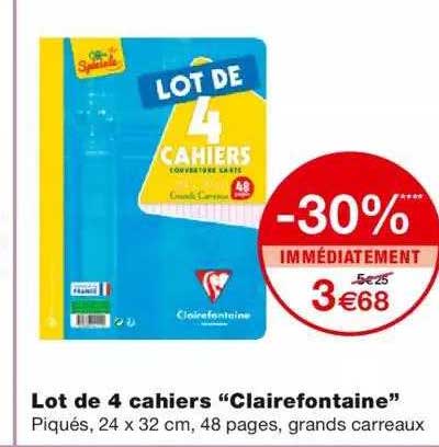 lot de 4 cahiers "clairefontaine" -30% immédiatement