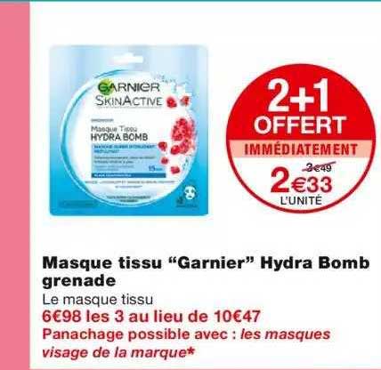 masque tissu "garnier" hydra bomb grenade 2+1 offert immédiatement