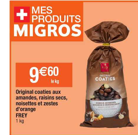 original coaties aux amandes, raisins secs, noisettes et zestes d'orange frey