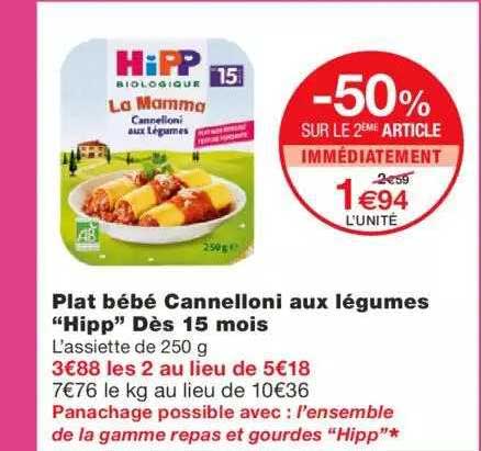 plat bébé cannelloni aux légumes "hipp" dès 15 mois -50% sur le 2ème article immédiatement