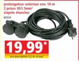 prolongateur extérieur env. 10 m 2 prises 3g1.5mm2 clapets étanches
