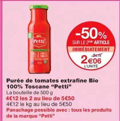 purée de tomates extrafine bio 100% toscane "petti" -50% sur le 2ème article immédiatement