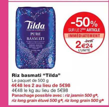 Riz Basmati "tilda" -50% Sur Le 2ème Article Immédiatement
