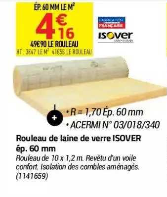 rouleau de laine de verre isover ép. 60 mm