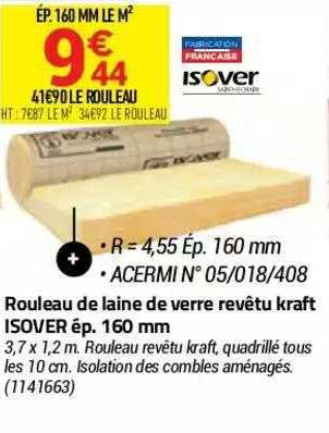 rouleau de laine de verre revêtu kraft isover ép. 160 mm