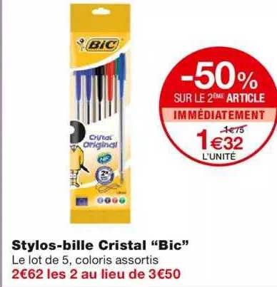 stylos-bille cristal "bic" -50% sur le 2ème article immédiatement