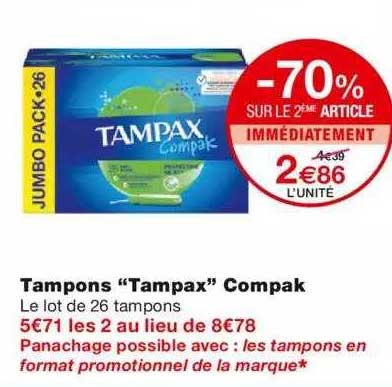 tampons "tampax" compak -70% sur le 2ème article immédiatement