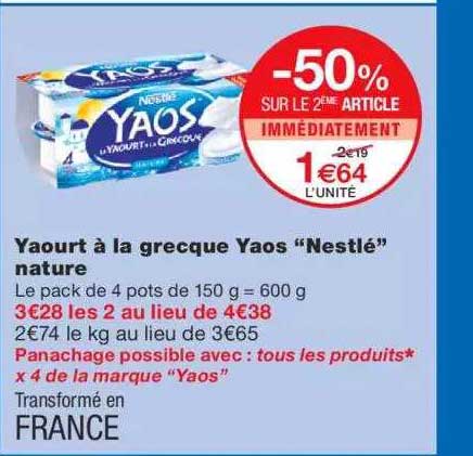 Yaourt à La Grecque Yaos "nestlé" Nature -50% Sur Le 2ème Article Immédiatement