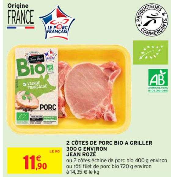 2 côtes de porc bio à griller 300 g environ jean rozé