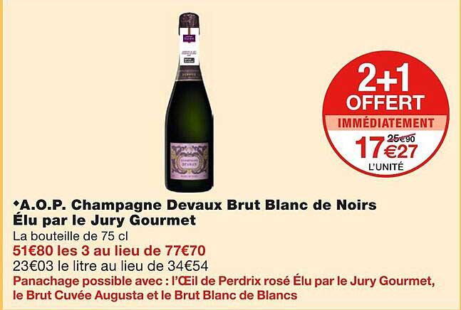 a.o.p. champagne devaux brut blanc de noirs élu par le jury gourmet