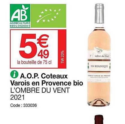 a.o.p. coteaux varois en provence bio l'ombre du vent 2021