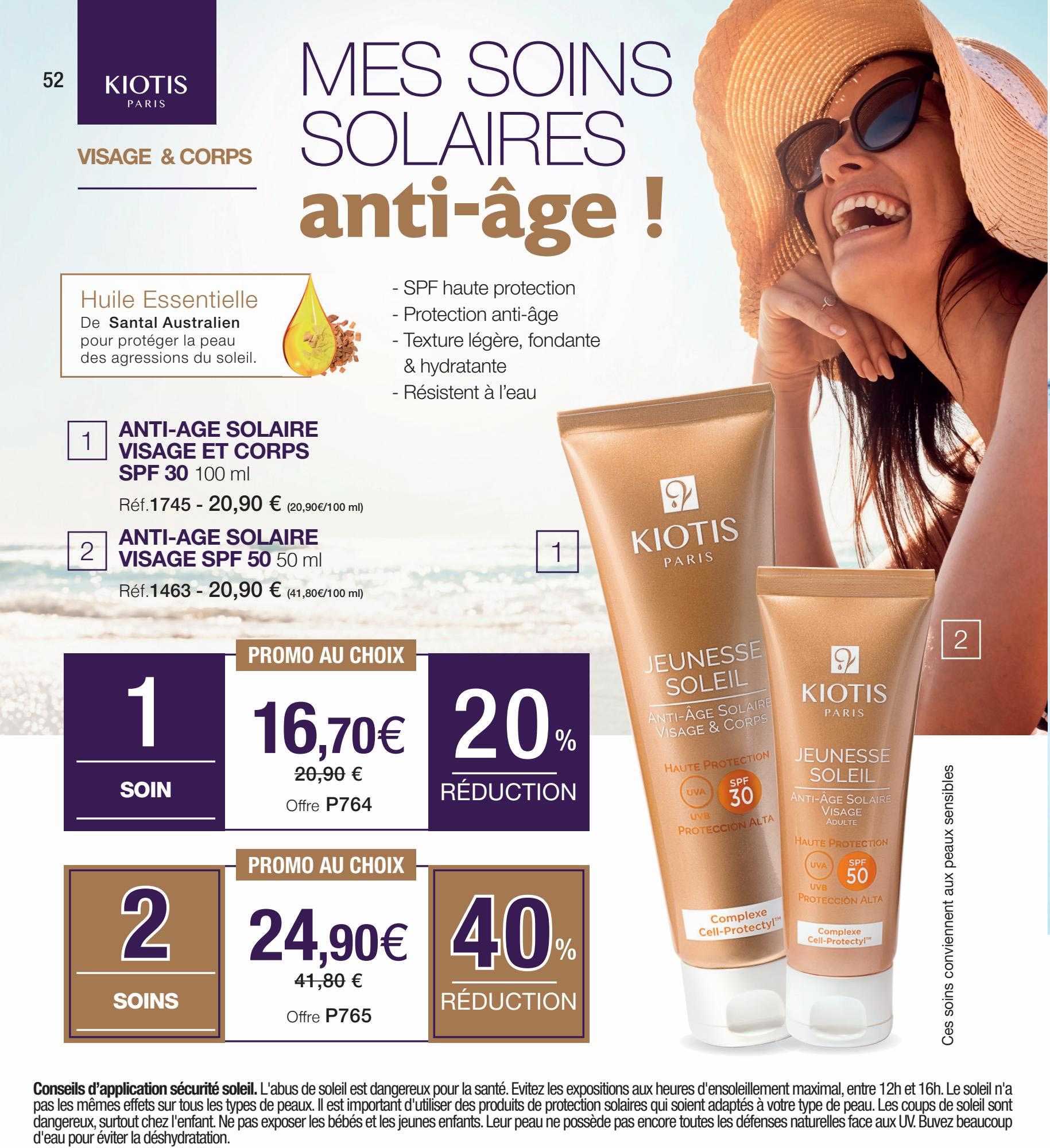 anti-age solaire visage et corps spf 30 kiotis, anti-age solaire visage spf 50 kiotis